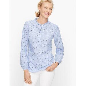 Talbots Blue Polka Dot Cotton Popover Blouse LP Petite EUC Ruffle Neck Top